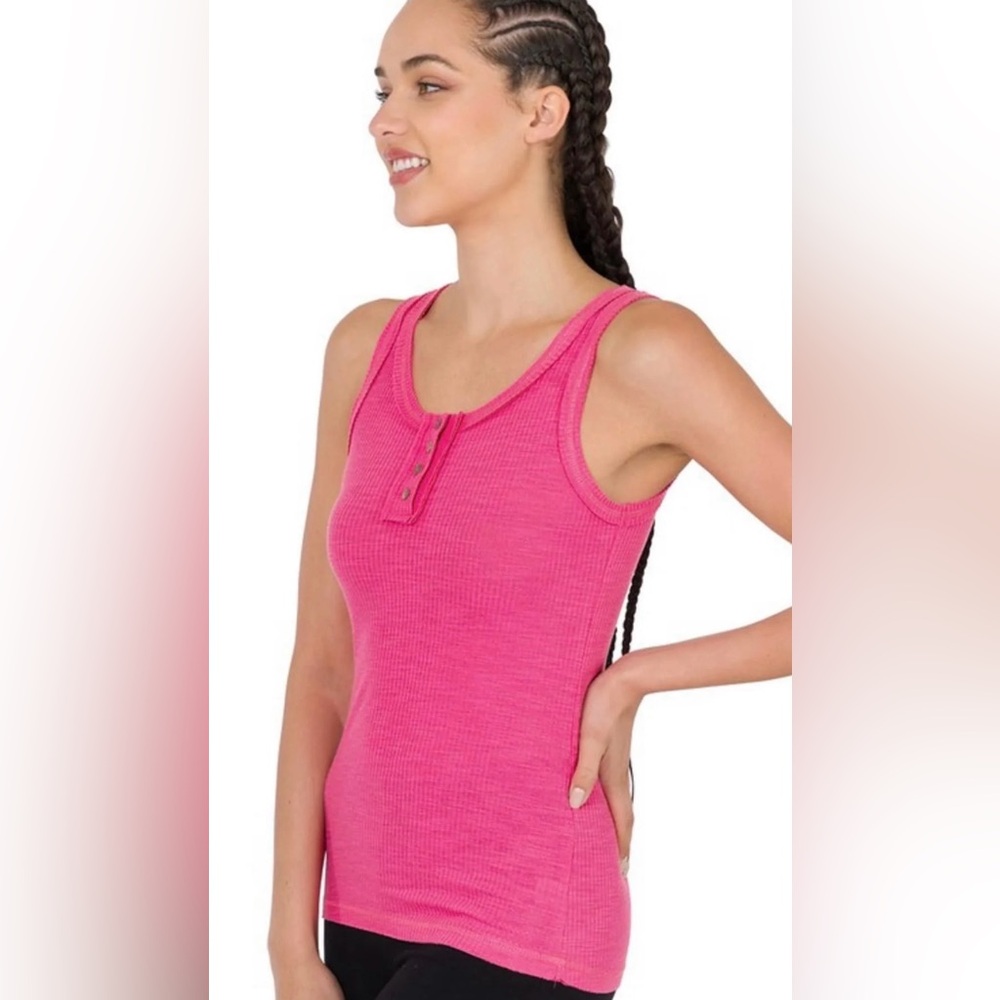 Zenana Ribbed Tank w/ Button Detail